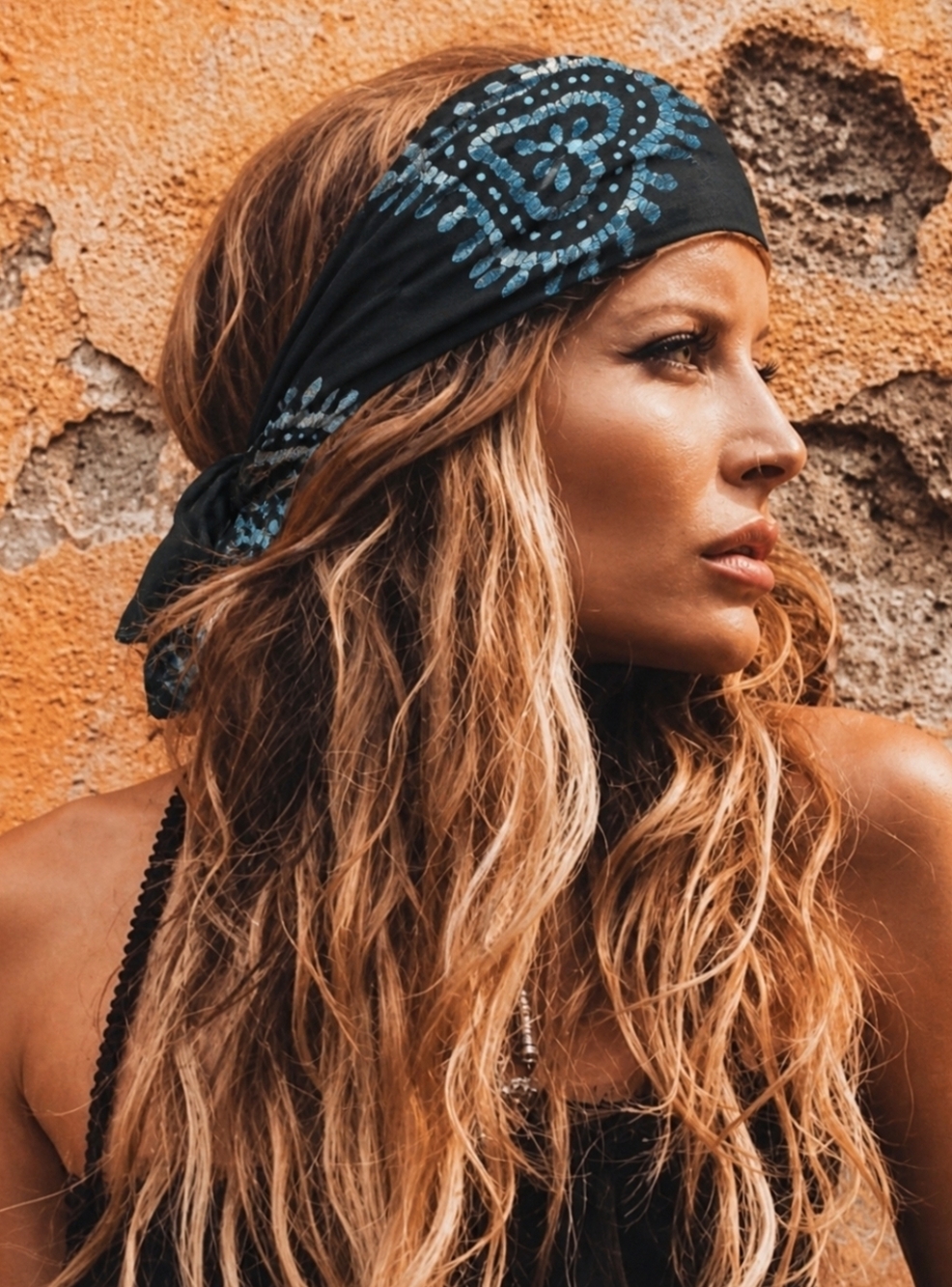 4/$15 Blue Patterned Boho Head Scarf Braid Bun Hairstyle Navy Hearts